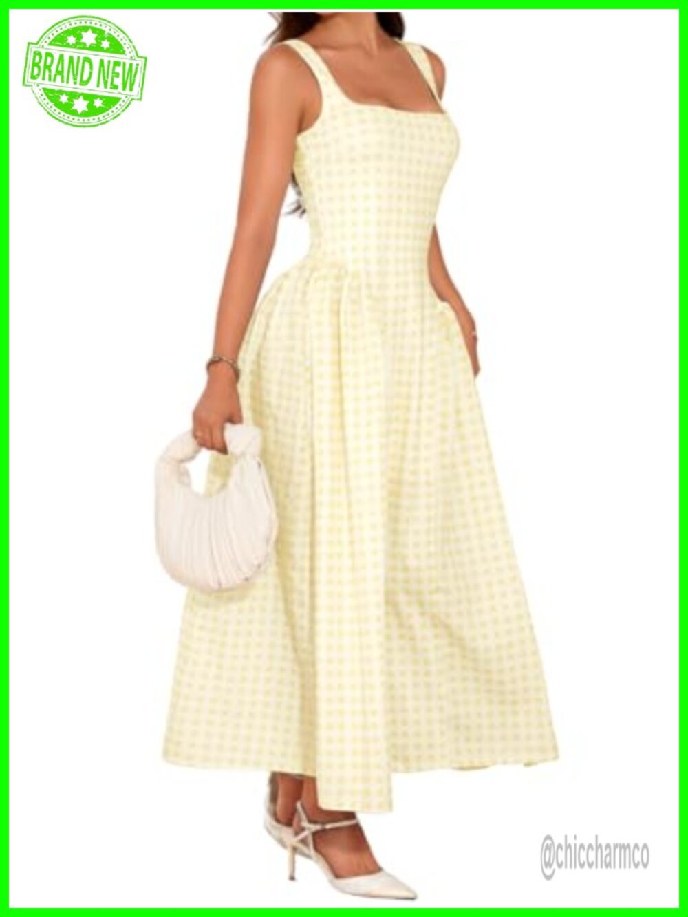 Plaid Maxi Dress Square Neck Drop Waist A-Line Semi Formal